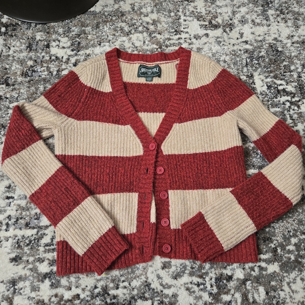 American Eagle Outfitters Red and Beige Striped Cardigan